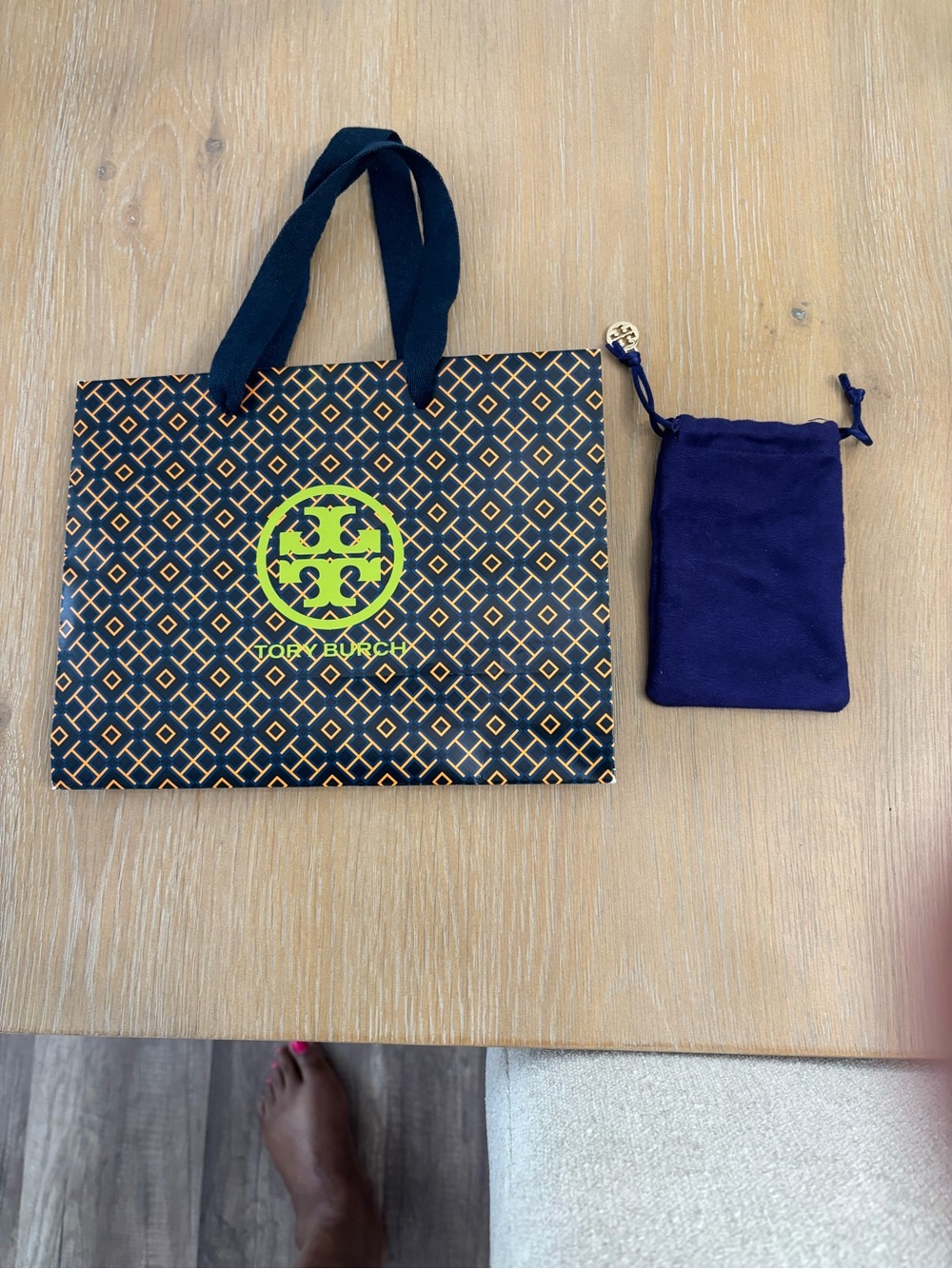 Tory Burch Navy Suede Drawstring dust bag with Gold Charm and gift bag
